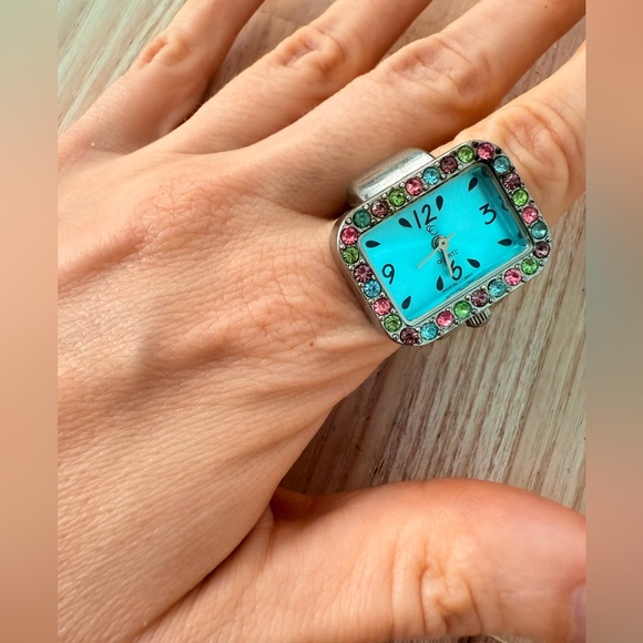 Vintage charming Charlie blue dial multi color crystals ring watch NEW BATTERY main image 5